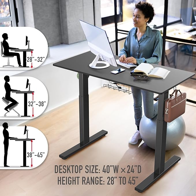 SHW 40-Inch Electric Height Adjustable Standing Desk with Drawer, Memory Preset and Cable Management Tray, Black-DeskoryOffice