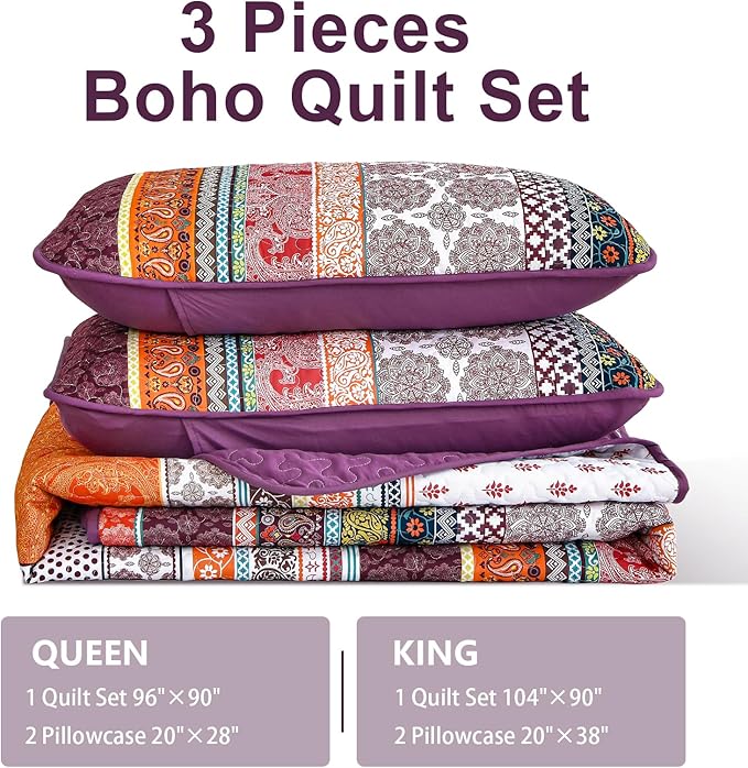 WONGS BEDDING Boho Quilt Set Queen Size, Lightweight Soft Microfiber Bedding Set - Image 7