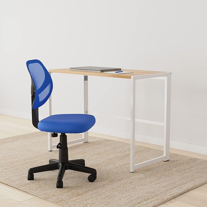 Amazon Basics Rolling Desk Chair, Adjustable, Low Back, Padded Seat, Breathable Mesh, Swivel, Blue, 21.25" D x 22.5" W x 38" H-DeskoryOffice