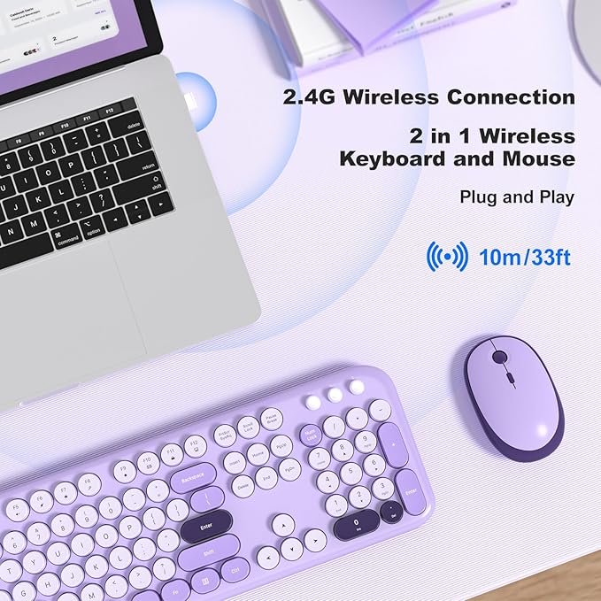MOFII Wireless Keyboard and Mouse, Retro Typewriter Keyboard and Silent Mouse, 2.4GHz Full Size Keyboard and Mouse Wireless Combo for Laptop, PC, Desktop, Windows (Violet)-DeskoryOffice