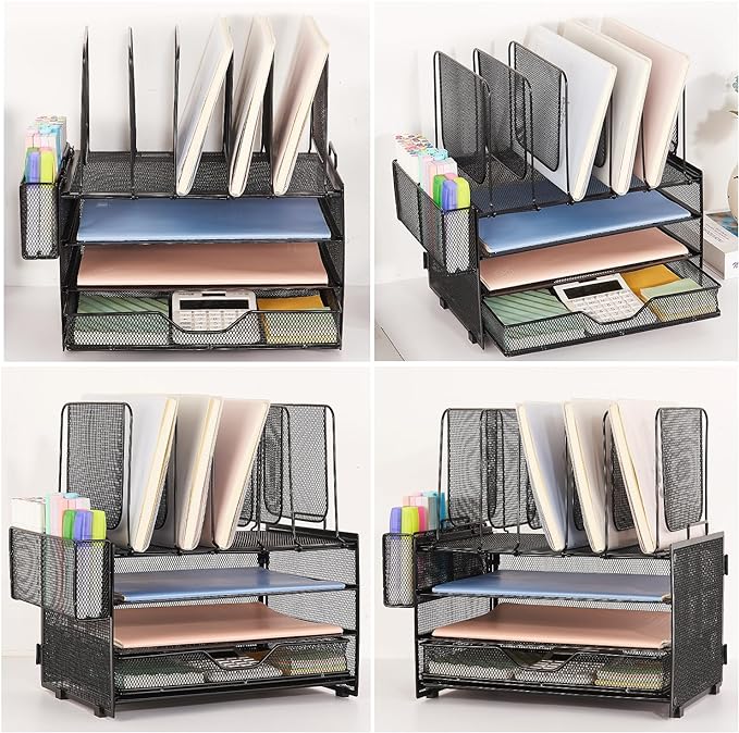 Desk Organizers and Accessories, 3-Tier Paper Organizer with 5 Vertical File Holders, File Organizer for Desk (Black With Drawer, 3T With Drawer)-DeskoryOffice