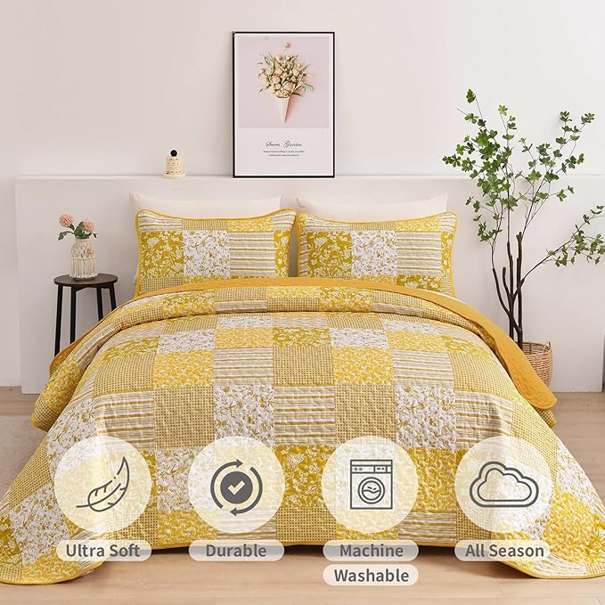 Mybedsoul Yellow Boho Quilt Set Queen Size, 3 Pieces Plaid Floral Bedspread - Image 4