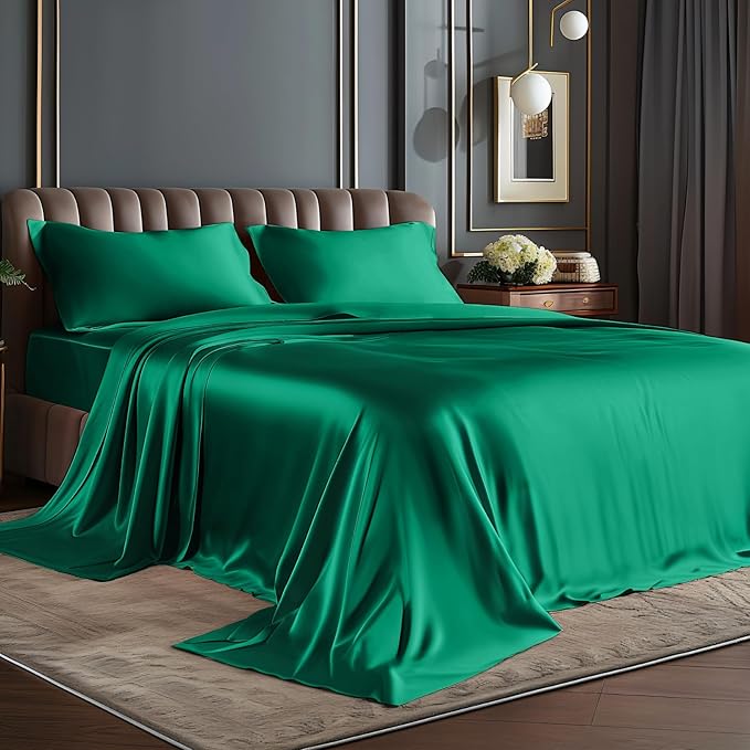 BEDELITE Satin Sheets Twin Size Bed Set, Luxury Soft Dark Green Silky Sheets by BEDELITE