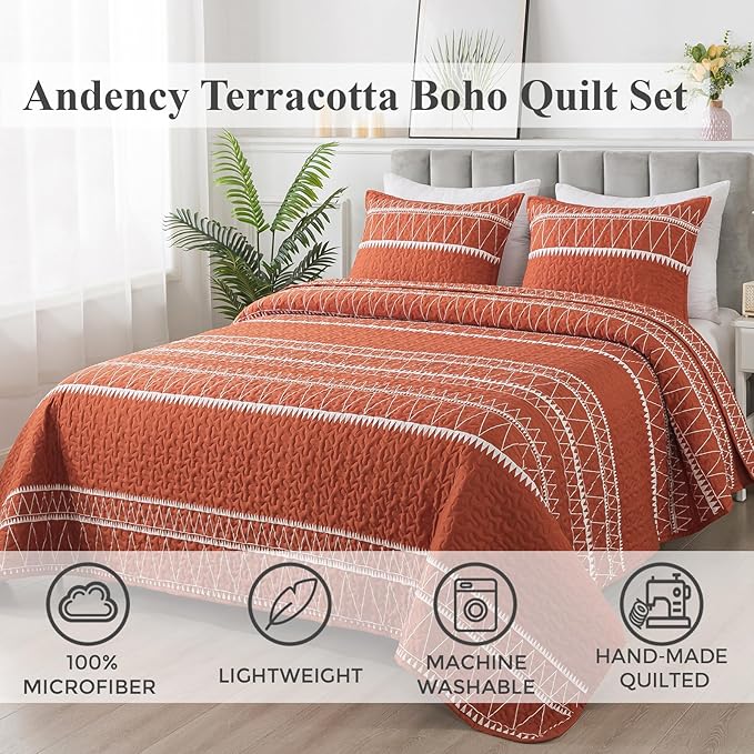 Andency Terracotta California King Quilt Set, 3 Pieces Boho Lightweight Soft - Image 2