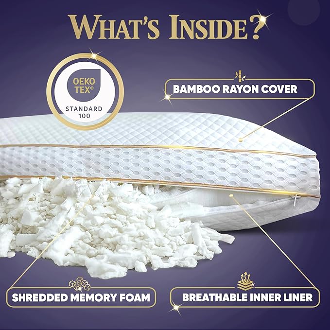 Royal Therapy Queen Memory Foam Pillow, Adjustable Shredded Odor-Free Cut-Out - Image 3