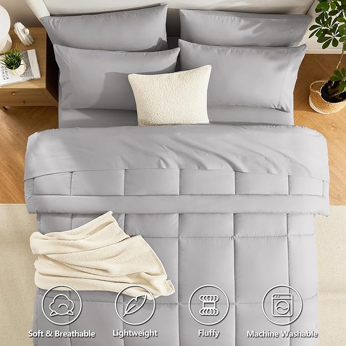 CozyLux Queen Comforter Set French Grey, 7 Pieces Bed in a Bag, All Season - Image 2