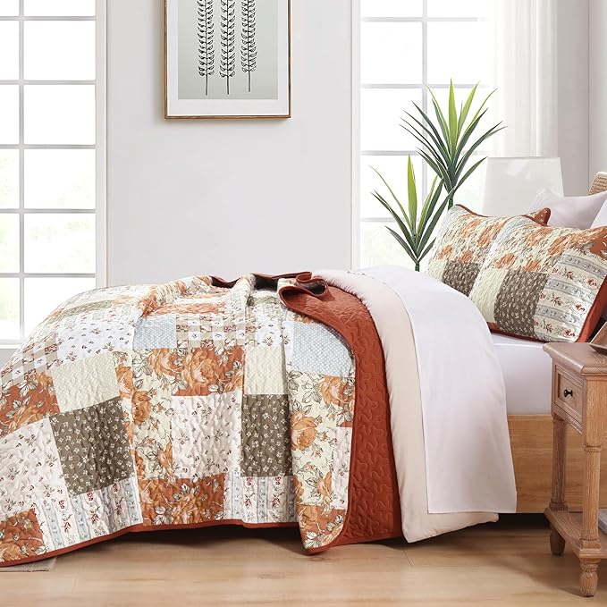 Patchwork Quilts Set King Size 3 Pieces Terracotta Plaid Bedspread Coverlet Set - Image 3