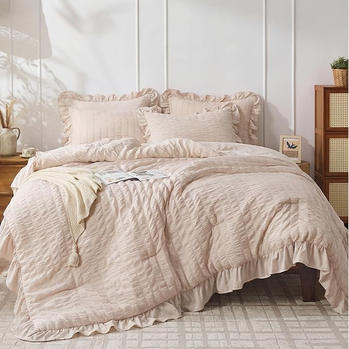 JOLLYVOGUE Beige King Comforter Set, 3 Pieces Seersucker Comforters King Size by JOLLYVOGUE