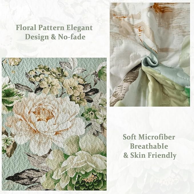 WONGS BEDDING Floral Quilt Set Queen, Sage Green 3 Pieces Elegant Flower - Image 4