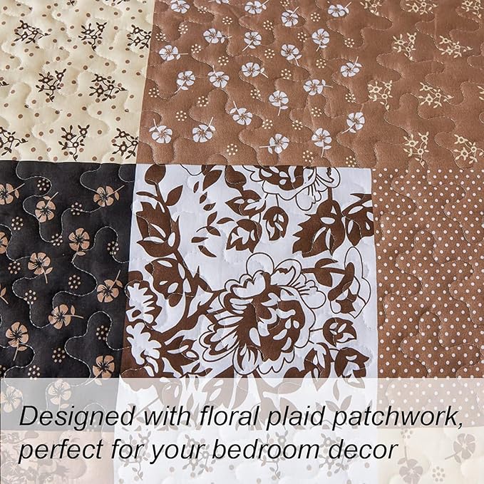 Mybedsoul Brown Quilt Set Full Size, 3 Pieces Plaid Floral Bedspread Set - Image 7