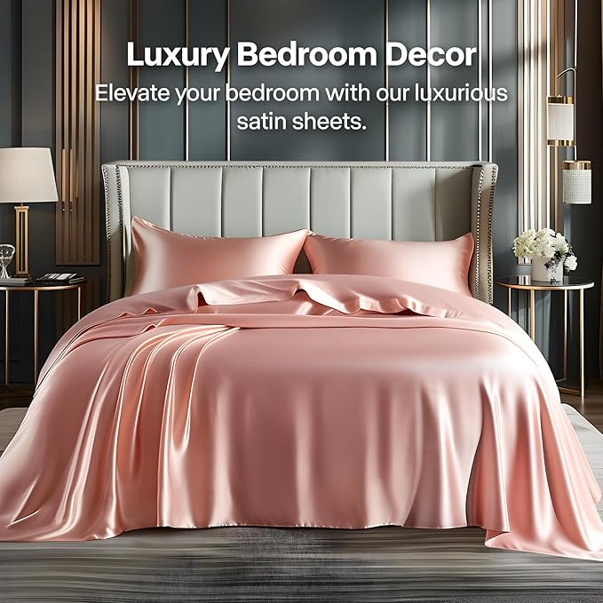 BEDELITE Satin Sheets Full Size Bed Set, Luxury Soft Rose Pink Silky Sheets - Image 2