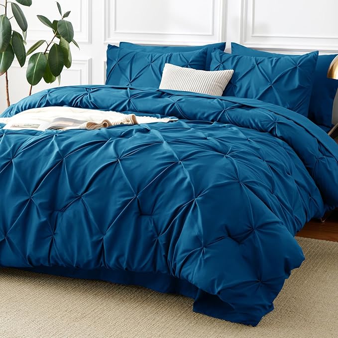 CozyLux Queen Comforter Set Teal, 7 Pieces Pintuck Bed in A Bag, Premium Teal by CozyLux