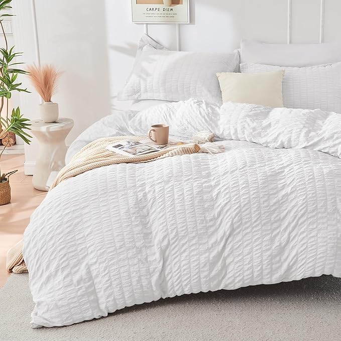 HYMOKEGE White Duvet Cover Full Size, Ultra Soft 3-Piece Seersucker Duvet Cover by HYMOKEGE