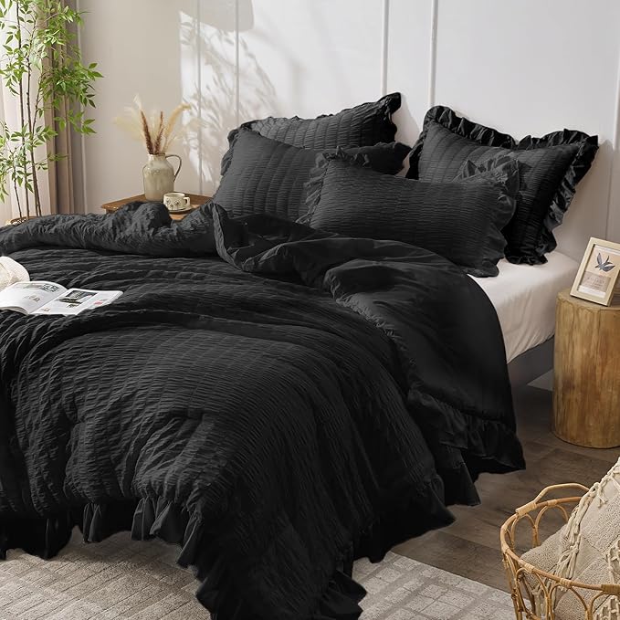 JOLLYVOGUE Black Queen Comforter Set, 3 Pieces Seersucker Comforters Queen Size - Image 2