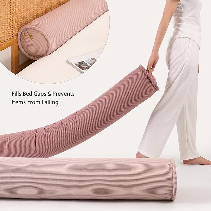 Long Round Body Pillow for Adults – Corduroy Cervical Roll Bolster Pillow, Firm Support for Spine Alignment & Side Sleeping,39 x 7.87 Inches,Pink