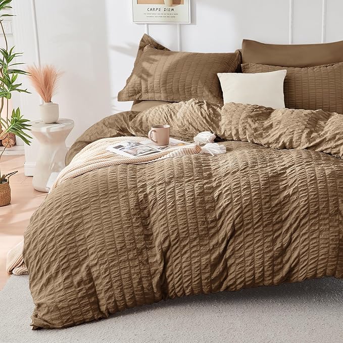 HYMOKEGE Brown Duvet Cover Full Size, Ultra Soft 3-Piece Seersucker Duvet Cover by HYMOKEGE