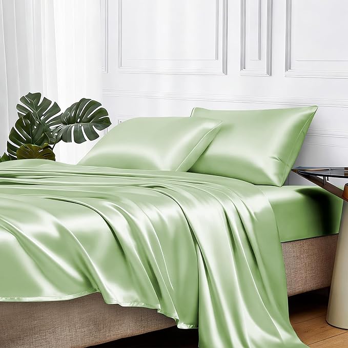 MR&HM Satin Bed Sheets with Elastic Corner Straps, Queen Size Sheets Set by MRHM