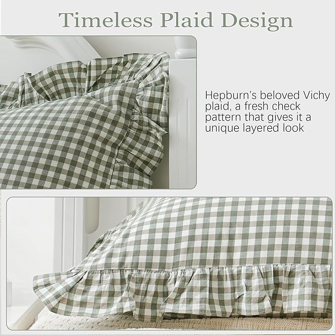 Green/White Plaid Ruffled Body Pillow Sham Washed Cotton Shabby Checkered - Image 3