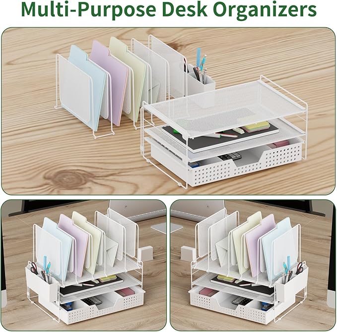 Desk Organizer, Office Organization with Vertical File Holder, File Organizer with Drawer and Pen Holder, Desk Accessories and Workspace Organizers for Home Office (White)-DeskoryOffice