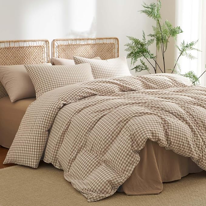 Nayoroom Gingham Duvet Cover Queen Size 100% Washed Cotton Brown Tan Plaid - Image 3