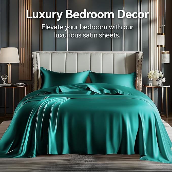 BEDELITE Satin Sheets Twin Size Bed Set, Luxury Soft Teal Silky Sheets - Image 2