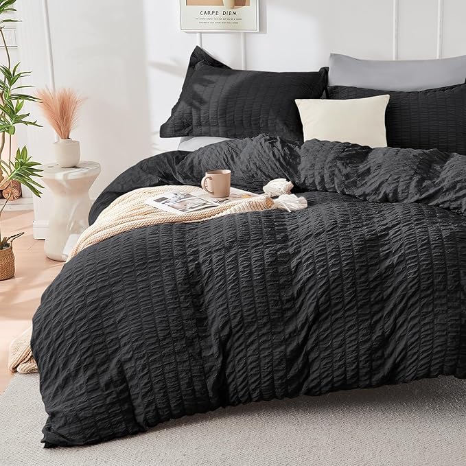 HYMOKEGE Black/Light Grey Queen Comforter Set Seersucker 7 Pieces, All Season - Image 2