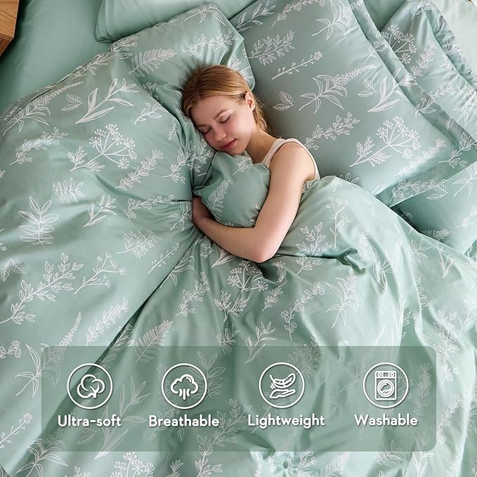 MUXHOMO Duvet Cover Queen Size, Reversible Floral Green Duvet Cover Set - Image 2