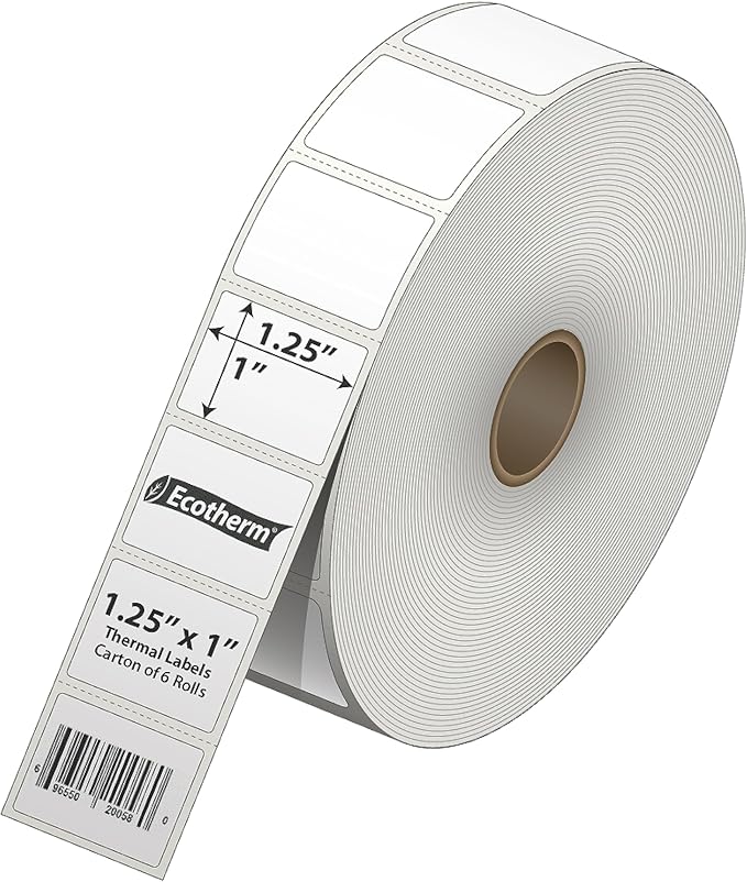 1.25" x 1" Thermal Labels | 6 Rolls | 14040 Labels | fits Zebra, Godex, Arkscan, iDPRT, Offnova Thermal Label Printers and More | Blank White Adhesive Stickers by Ecotherm-DeskoryOffice