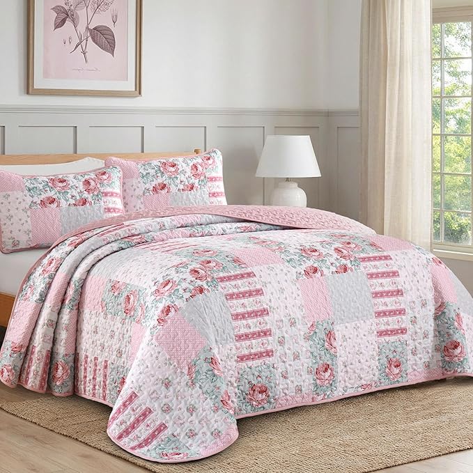 Patchwork Quilt Set Queen Size, 3 Piece Soft Microfiber Reversible Pink Grey - Image 2