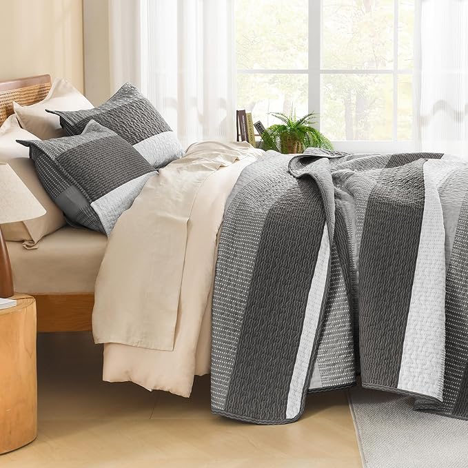 Litanika Oversized King Quilt Set Dark Grey, 120x120 Stripe Bedspread Coverlet - Image 2