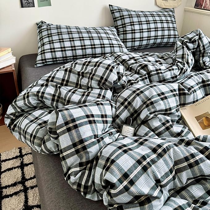 mixinni Vintage Grey & Pale Blue Buffalo Plaid Duvet Cover Set King Size by mixinni