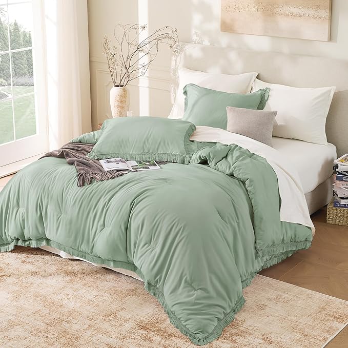 Andency Queen Comforter Set Sage Green, 3 Pieces Boho Tassel Lightweight - Image 6