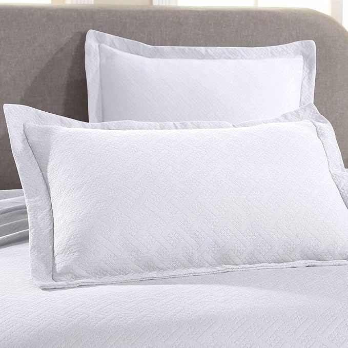 Superior 3 Piece Basketweave Cotton Bedspread Set, Home Bed Decor, Decorative Bed Spread, 2 Pillow Shams, Medium Weight Blanket, Matelasse Coverlet Bedding, Geometric Lattice Pattern, Queen, White