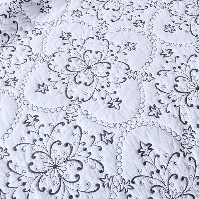 ROOMLIFE Quilt Set King Size 3D Floral Embroidery Pattern 3-Piece Cotton - Image 4