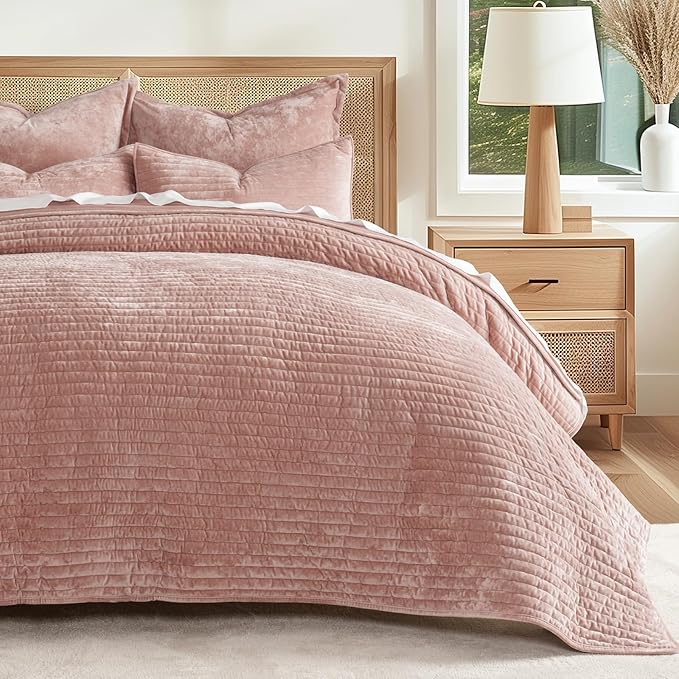 EVERGRACE Velvet Quilt Set King Size, Luxurious Soft Striped Channel Bedding Set - Image 8