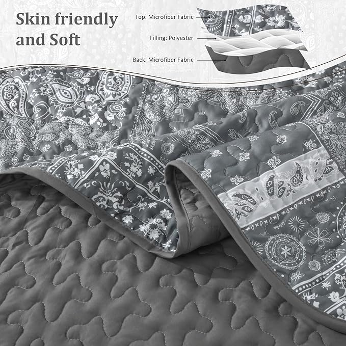 Cottolester Grey Quilt Set Queen Size, 3 Pieces Boho Patchwork Paisley Quilt Set - Image 4