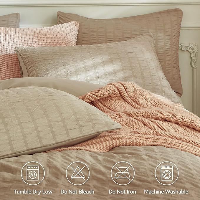 JELLYMONI Khaki Duvet Cover Queen Size, Soft Breathable Seersucker Duvet Cover - Image 4