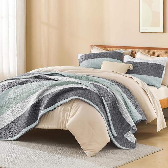 Litanika Oversized King Quilt Set Sage Green, 128x120 Stripe Bedspread Coverlet - Image 4