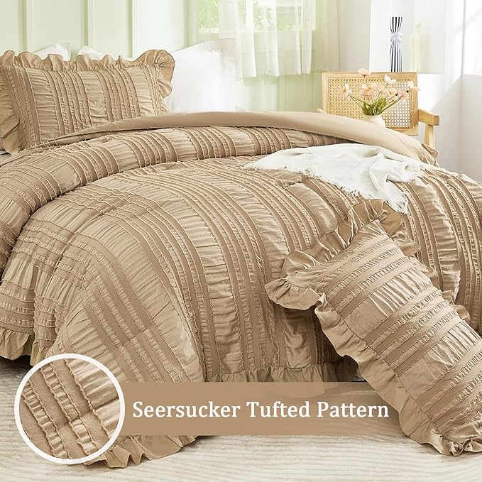 WONGS BEDDING Khaki Comforter Set King, 3 Pieces Ruffle Farmhouse Shabby Chic - Image 2