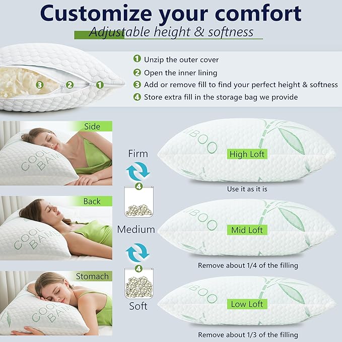 Shredded Memory Foam Pillows, Cooling Pillows Queen Size Set of 2 Adjustable - Image 3