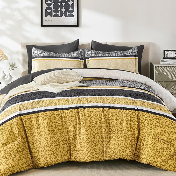 WONGS BEDDING Yellow Grey King Comforter Set 7 Pieces, Boho Striped Bed in a - Image 8