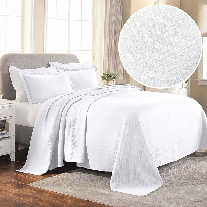 Superior 3 Piece Basketweave Cotton Bedspread Set, Home Bed Decor, Decorative Bed Spread, 2 Pillow Shams, Medium Weight Blanket, Matelasse Coverlet Bedding, Geometric Lattice Pattern, Queen, White