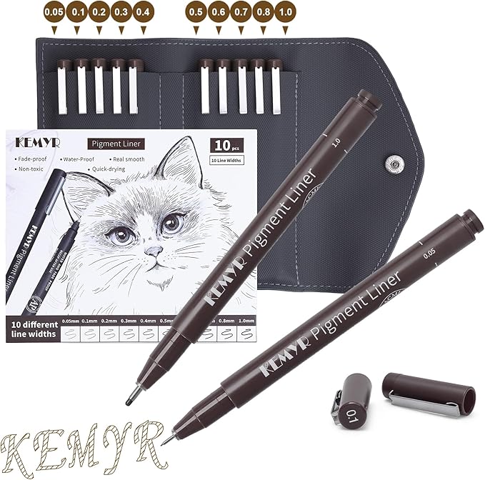 10 Micro Fine liner Drawing Art Pens Calligraphy Pens: 0.05mm-1.0mm Size Art supplies Waterproof Archival brown Ink Markers For Artists,Use for Professional Watercolor,Sketching-DeskoryOffice