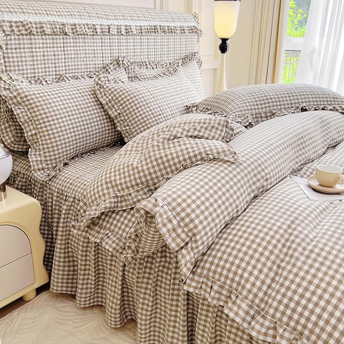 mixinni Tan Gingham Ruffle Duvet Cover Twin XL Size 3 Pieces – 100% Washed - Image 2