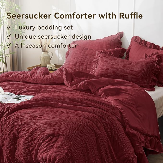 JOLLYVOGUE Twin Size Comforter Set, 2 Pieces Burgundy Seersucker Lightweight - Image 3