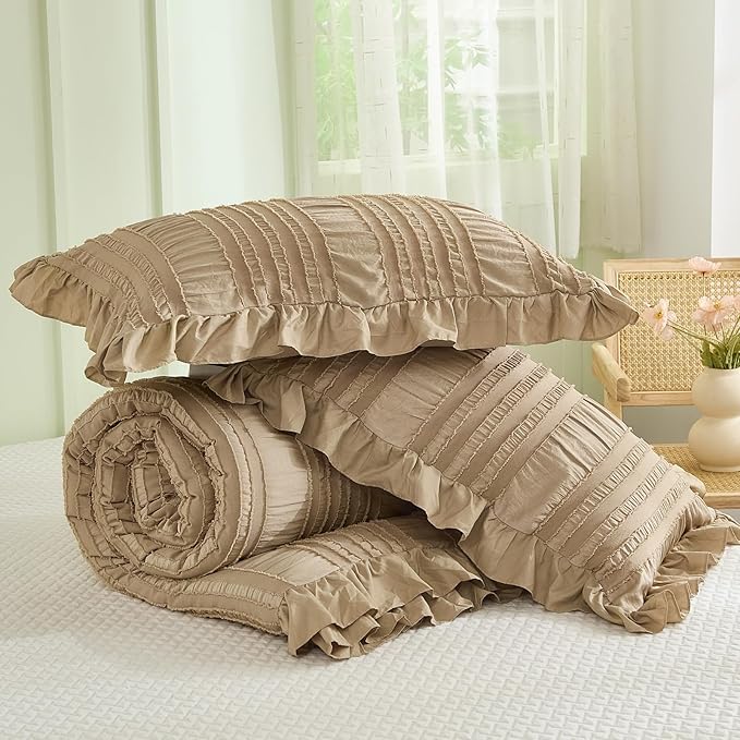 WONGS BEDDING Khaki Comforter Set King, 3 Pieces Ruffle Farmhouse Shabby Chic - Image 7