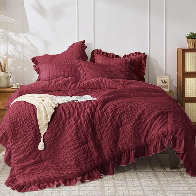 JOLLYVOGUE Queen Comforter Set, 3 Pieces Burgundy Seersucker Comforters Queen by JOLLYVOGUE