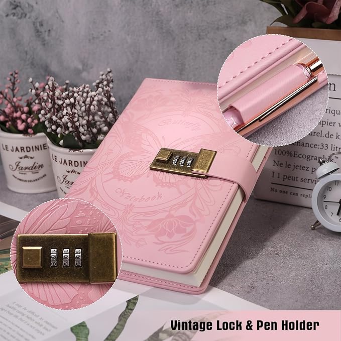 TIEFOSSI Diary with Lock for Women Girls, Lined Locked Journal, Butterfly Journal Notebook with Pen and Bookmark, A5 Refillable Locking Journals for Writing, 224 Numbered Pages-DeskoryOffice