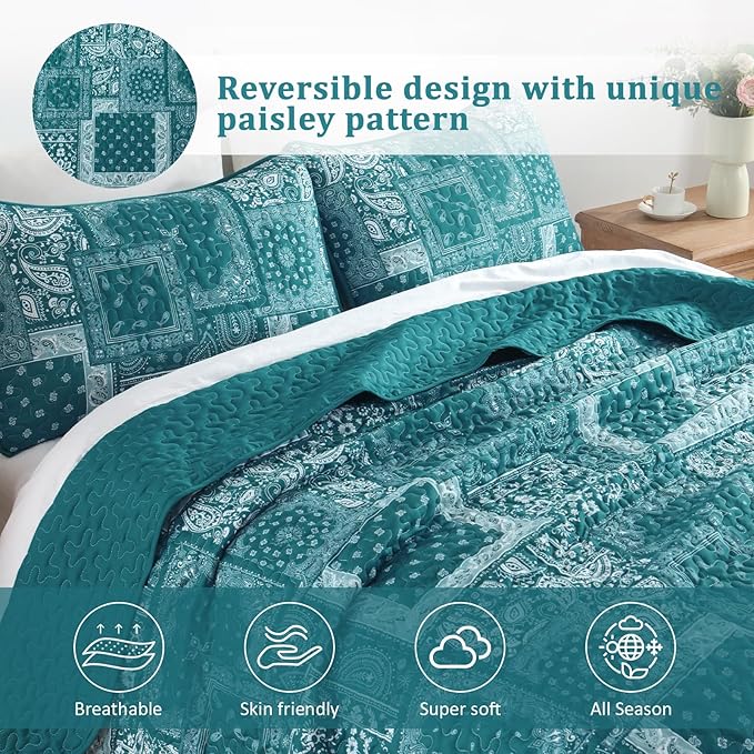 Cottolester Teal Patchwork Quilt Set King Size, 3 Pieces Boho Paisley Quilt Set - Image 3