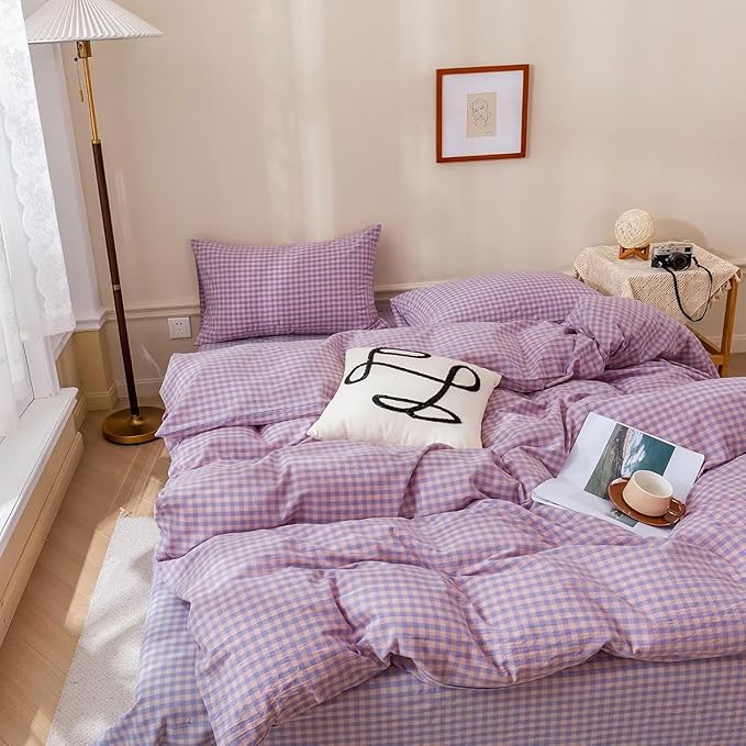 mixinni Purple Gingham Grid Duvet Cover King, 100% Washed Cotton Modern - Image 3